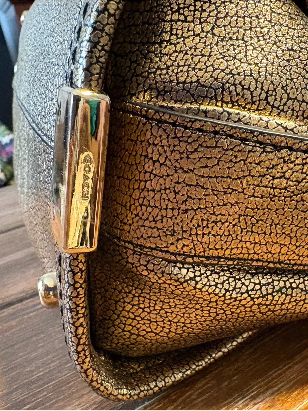 Coach Metallic Gold Pebble Leather Satchel with Turn-Lock